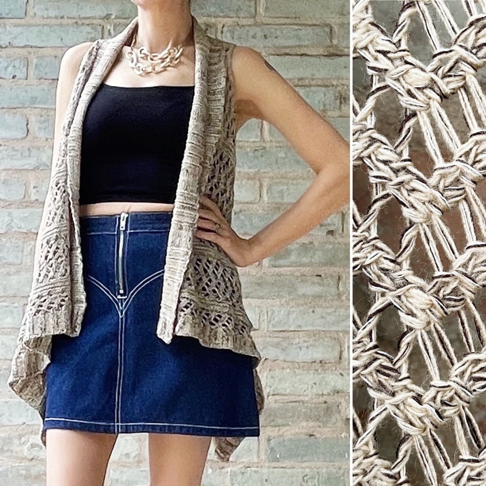Vintage Crochet Vest Y2K Tan Natural Open Knit Waterfall Festival Sleeveless